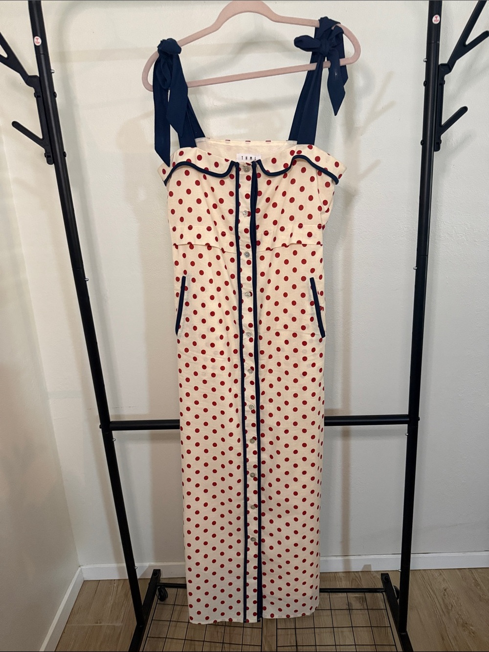 THML - Cream Polka Dot Tie-Shoulder Maxi Dress with Red Dots